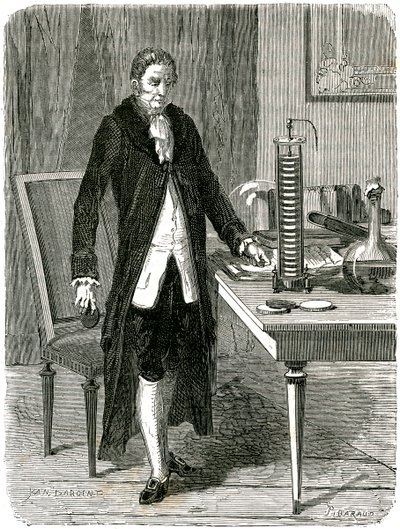 Alessandro Volta, Italian physicist, demonstrating his electric pile battery, c1800 c1870 by Unbekannt