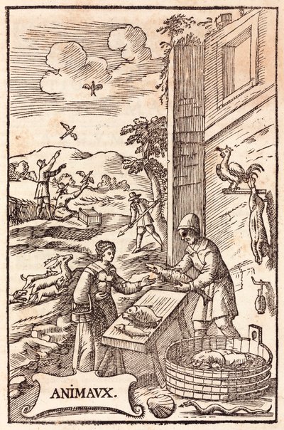 Animal Feeding: Woman Buying Fish from a Fishmonger, Men Releasing Birds from Cages and Hunting Scene by Unbekannt