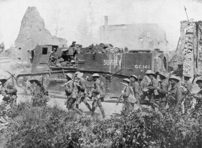 Allied troops marching through a liberated town by Unbekannt