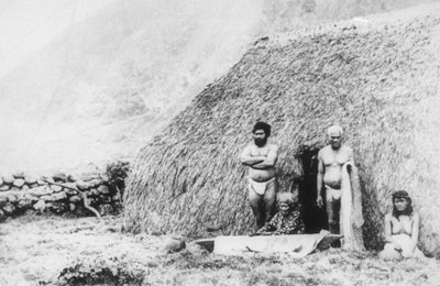 An Old Woman Beating Tapa in Front of a Pili Grass House, Kalaupapa, Hawaii by Unbekannt
