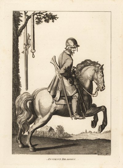 Ancient Dragoon on horseback with helmet, musket and gunpowder horn by Unbekannt