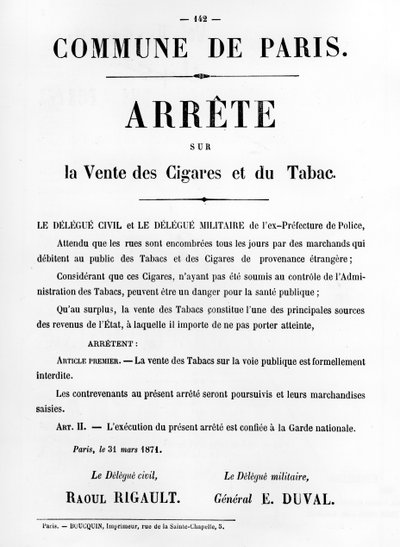Arrete sur la Vente des Cigares et du Tabac, from French Political posters of the Paris Commune by Unbekannt