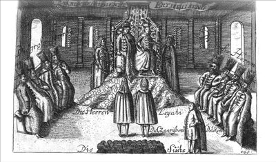 Audience with Ivan V, Peter I and Sophia Alekseyevna from Georg Adam Schleissing Derer beyden Czaaren in Reussland..., 1693 by Unbekannt