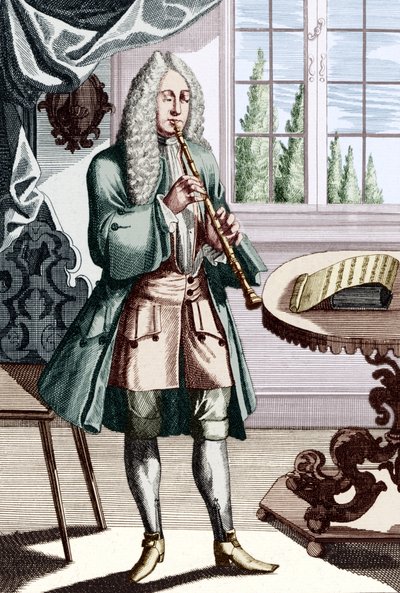 Man playing hautboy (or hautbois) which is early oboe, Engraving by J C Weigel from Musikalisches Theatrum by Unbekannt