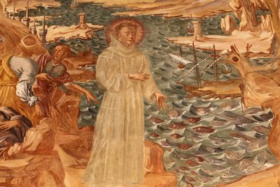 Basilica di Santa Caterina, Galatina, Apulia Fresco in the cloister: St Anthony preaching to the fish (Painted by BrJoseph of Gravina in 1696), Galatina, Italy by Unbekannt