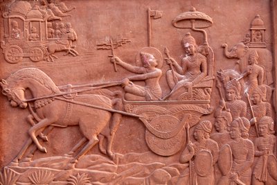 Bhagavad Gita Engraved on a Hindu Temple: Krishna Driving Arjuna