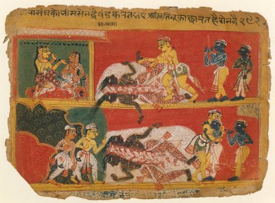 Bhima Slays Jarasandha: Page from a Bhagavata Purana Manuscript by Unbekannt