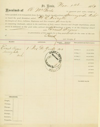 Bill of lading, steamboat M[ary] E. Forsyth, Sunnyside, Arkansas, November 1, 1864 by Unbekannt