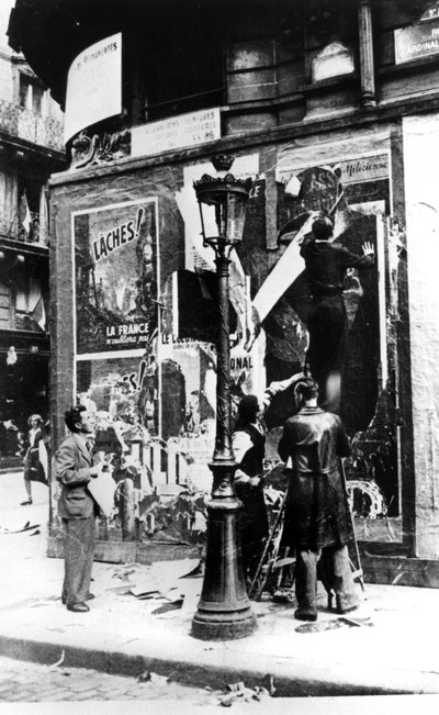 Billboard with Men Putting Up Propaganda Posters, Paris, World War II by Unbekannt