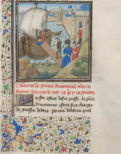 Bohemond I of Antioch traveled back to Apulia. Miniature from the Historia by William of Tyre, 1460s by Unbekannt