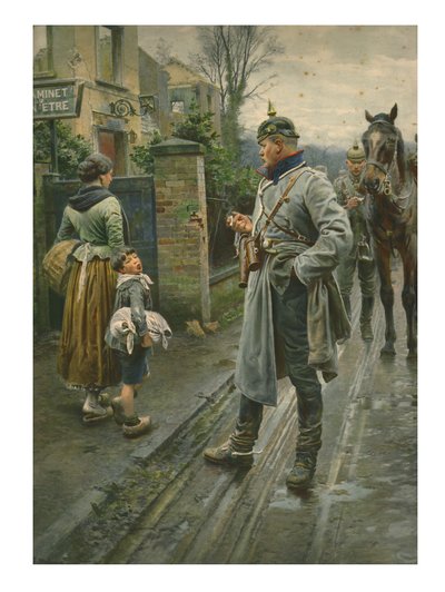 Boy making a face at a German cavalry officer by Unbekannt