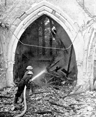 British Firefighters Damping Down a Bombed Church, World War II by Unbekannt