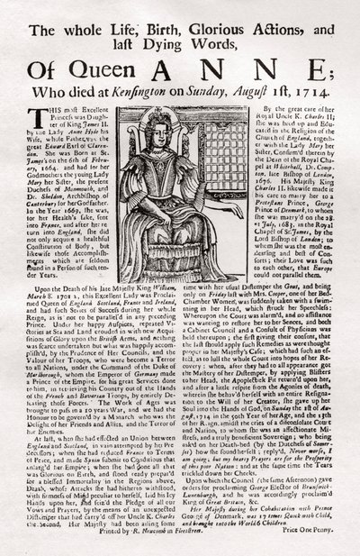 Broadside Published on the Death of Queen Anne by Unbekannt