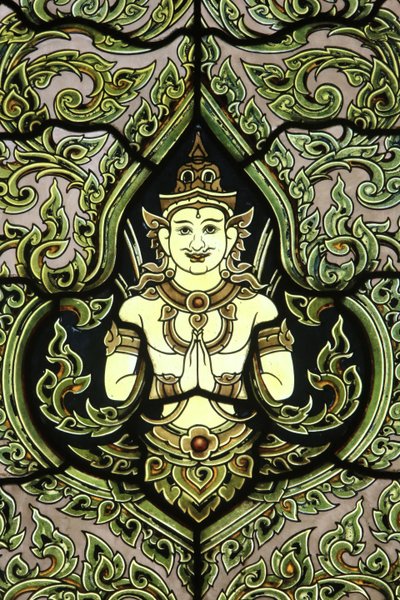 Buddha: Stained Glass Window, Marble Temple, Wat Benchamabophit Dusitvanaram Ratchaworawiharn, 1899, Bangkok, Thailand by Unbekannt