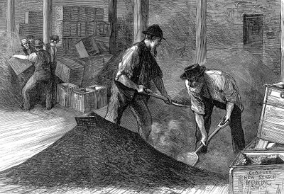Bulking tea in the warehouses of the East & West India Dock Company, London, 1874 by Unbekannt