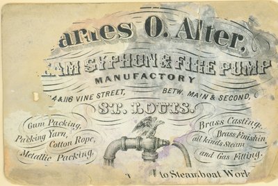 Business card of James O. Alter, steam syphon and fire pump manufactory, St. Louis, ca. 1870 by Unbekannt
