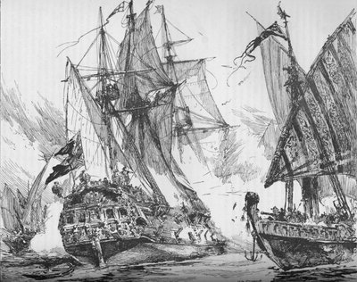 Captain Keigwin in the Revenge, Beating off Sevagees Fleet, 1884 by Unbekannt