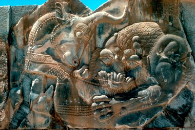 Carving of a bull and lion, Persian, 5th century BC by Unbekannt