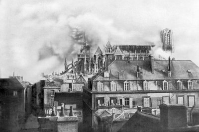 Cathedral of Reims on fire from German shelling, France, 1914 by Unbekannt