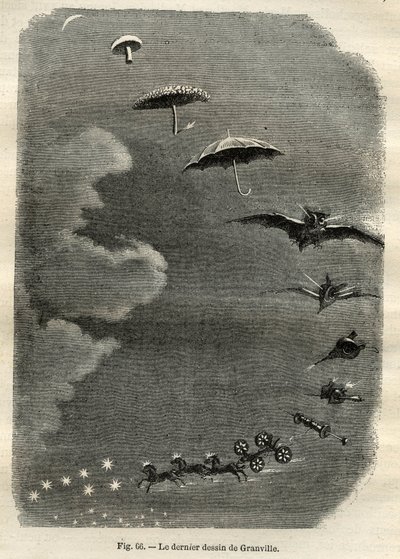 Celestial metamorphosis: The dream of a young girl who contemplates the moon, who turns into a mushroom, umbrella, bat... and finally into a tank of the Great Bear (last drawing by Jean-Isidore Gerard, dit J.J. Grandville) by Unbekannt