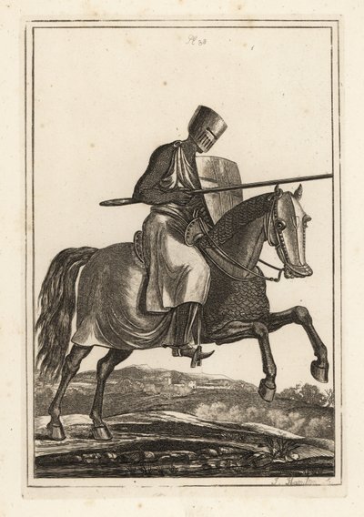 Charging knight of the 12th and 13th century in chainmail hawberk, flat helmet, lance, heater shield, shin armour jambesons, war saddle by Unbekannt