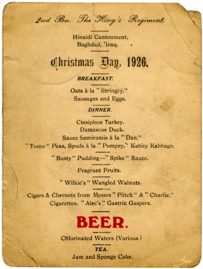 Christmas Day menu, 2nd Battalion the Kings Regiment, Iraq, 1926 by Unbekannt