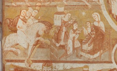 Church (Église Saint-Martin). Interior. Wall Paintings (Fresco). West Wall of the Nave. (Detail) Arrival of the Magi, Adoration of the Magi. 12th Century by Unbekannt
