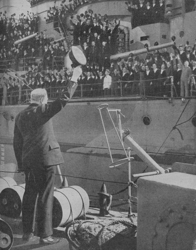 Churchill responds to the cheers from the crew of HMS Prince of Wales by Unbekannt