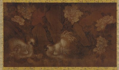 Cock, Hen and Chickens near Peony Shrubs by Unbekannt