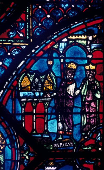 Constantine presents relics to Charlemagne, stained glass, Chartres Cathedral, France by Unbekannt