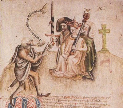 Coronation of King Alexander III on Moot Hill, Scone. From manuscript of the Scotichronicon by Walter by Unbekannt