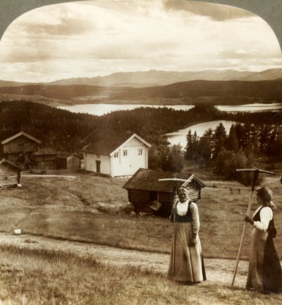 Country Girls in Haying Time - Over Bolkesjo and Folsjo Lakes to Himingen Mountains, Norway by Unbekannt