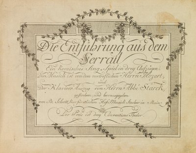 Cover of the First edition of the opera The Abduction from the Seraglio by Mozart, aft.1786 by Unbekannt