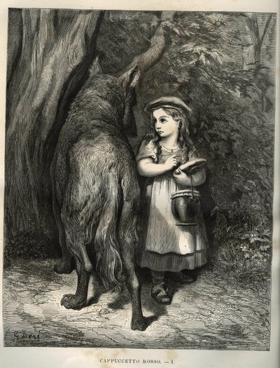 Crossing the woods, the little red riding hood meets the wolf. Engraving by Gustave Dore from 