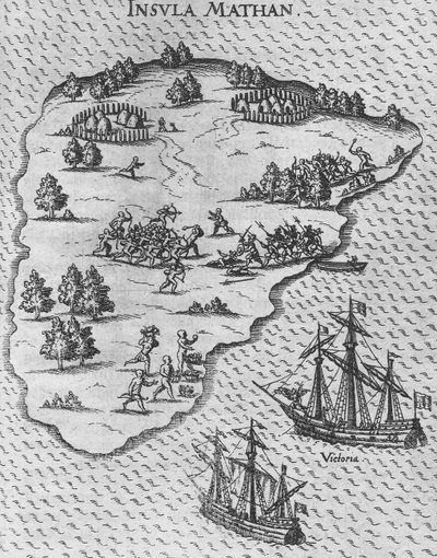 Death of Magellan on the Philippine island of Mactan. From Levinus Hulsius