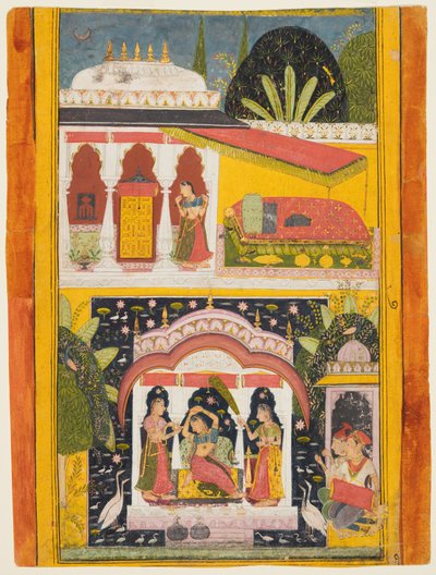 Desavarari Ragini, from a Ragamala Series: A Lady and Two Attendants in a Bower by Unbekannt