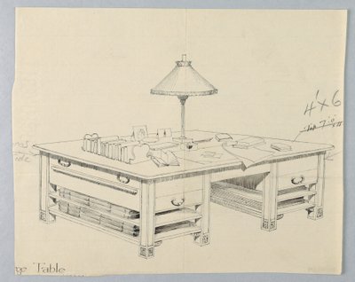 Design for Massive Library Storage Table with Two Open Stretcher Shelves on Either Side, 1900–05 by Unbekannt