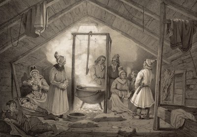 The Interior of a Peasant Hut in Finmark. Illustration from the book Norway Represented in Drawings by Asbjørnsen, P.Chr. and published by Chr. Tønsberg (1848). Sunday-dressed Sami in a hearth room. 