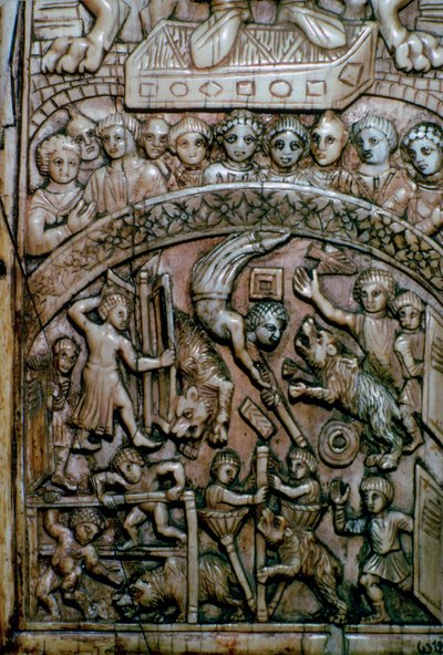 Detail of a leaf of a Byzantine ivory diptych showing men and bears at the circus by Unbekannt