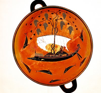 Dionysius in a sailing boat surrounded by dolphins, Ancient Greek dish Krater, 530 BC by Unbekannt