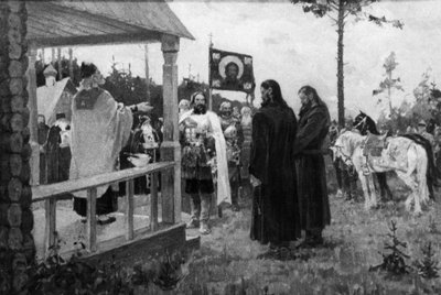 Dmitri Donskoi Calling on Sergei Radonezhsky, Painting by M. Avilov by Unbekannt
