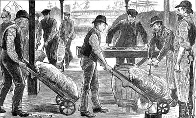 Dockers Unloading Sugar at West India Docks, London by Unbekannt