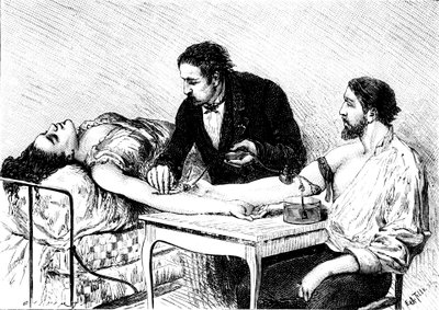 Dr Roussell of Geneva giving a woman a direct blood transfusion from a volunteer, 1882 by Unbekannt