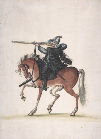 Drawing of a Mounted Arquebusier Soldier on Horseback, late 16th century by Unbekannt