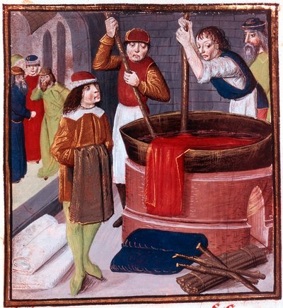 Dyers Immersing Bolt of Cloth in Vat of Dye Placed Over a Fire, 15th Century by Unbekannt