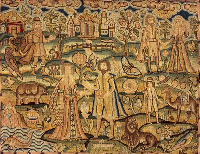Embroidery Panel Showing People, Flowers, Insects, Fish and Animals by Unbekannt
