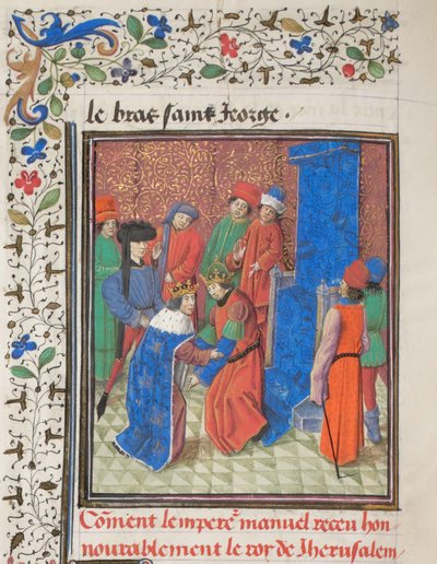 Emperor Manuel I Komnenos meets with king Amalric I of Jerusalem. Miniature from the Historia by William of Tyre, 1460s by Unbekannt