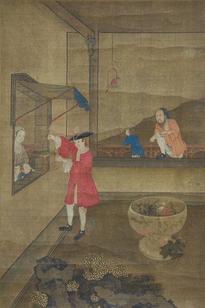 European Couple and Child Playing with Parrot by Unbekannt