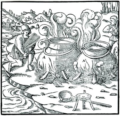 Evaporating sea water in iron pots to obtain salt, 1556 by Unbekannt