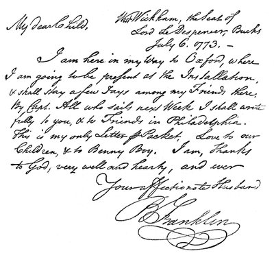 Facsimile of a Letter from Benjamin Franklin to His Wife by Unbekannt